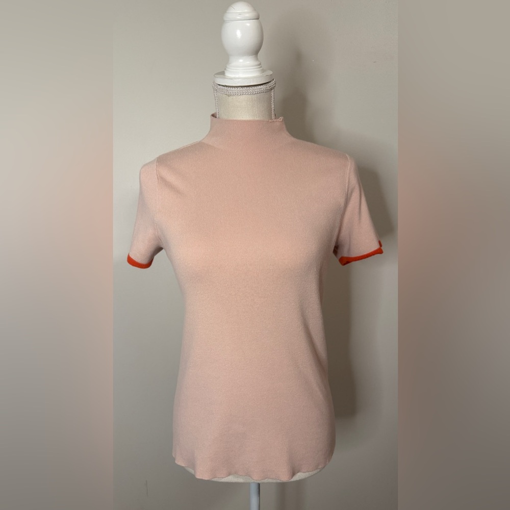 Moth Anthropologie Short Sleeve Mock Neck Sweater Light Pink Orange Trim Sz S